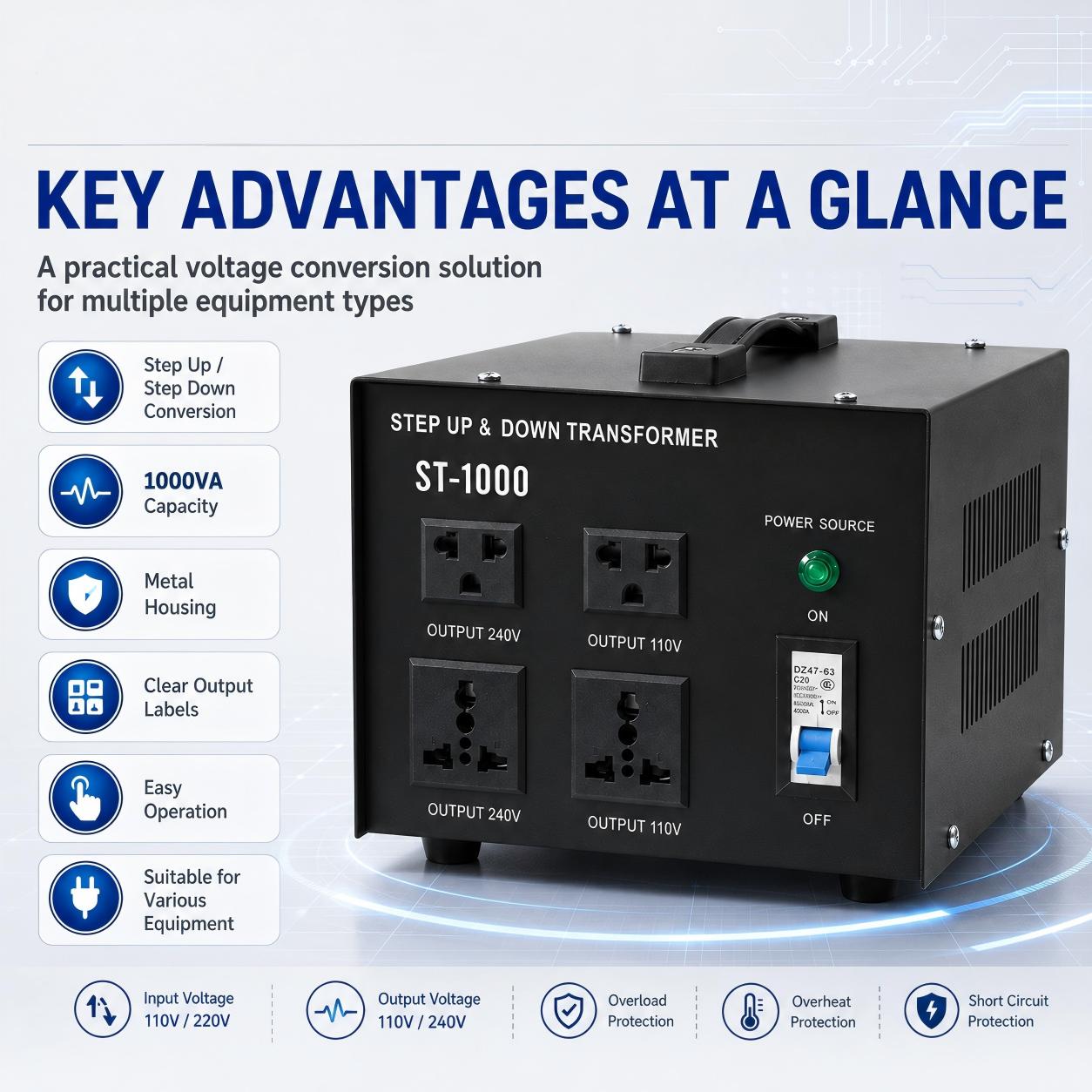 ST Series Step Up & Step Down Autotransformer (110V/240V Bidirectional Voltage Converter)